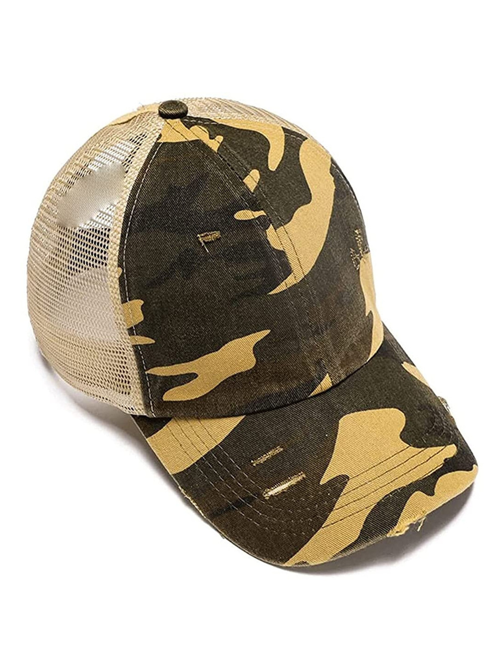 Criss Cross Hat Washed Distressed Baseball Cap Ponytail Hat | Camo | Size OS